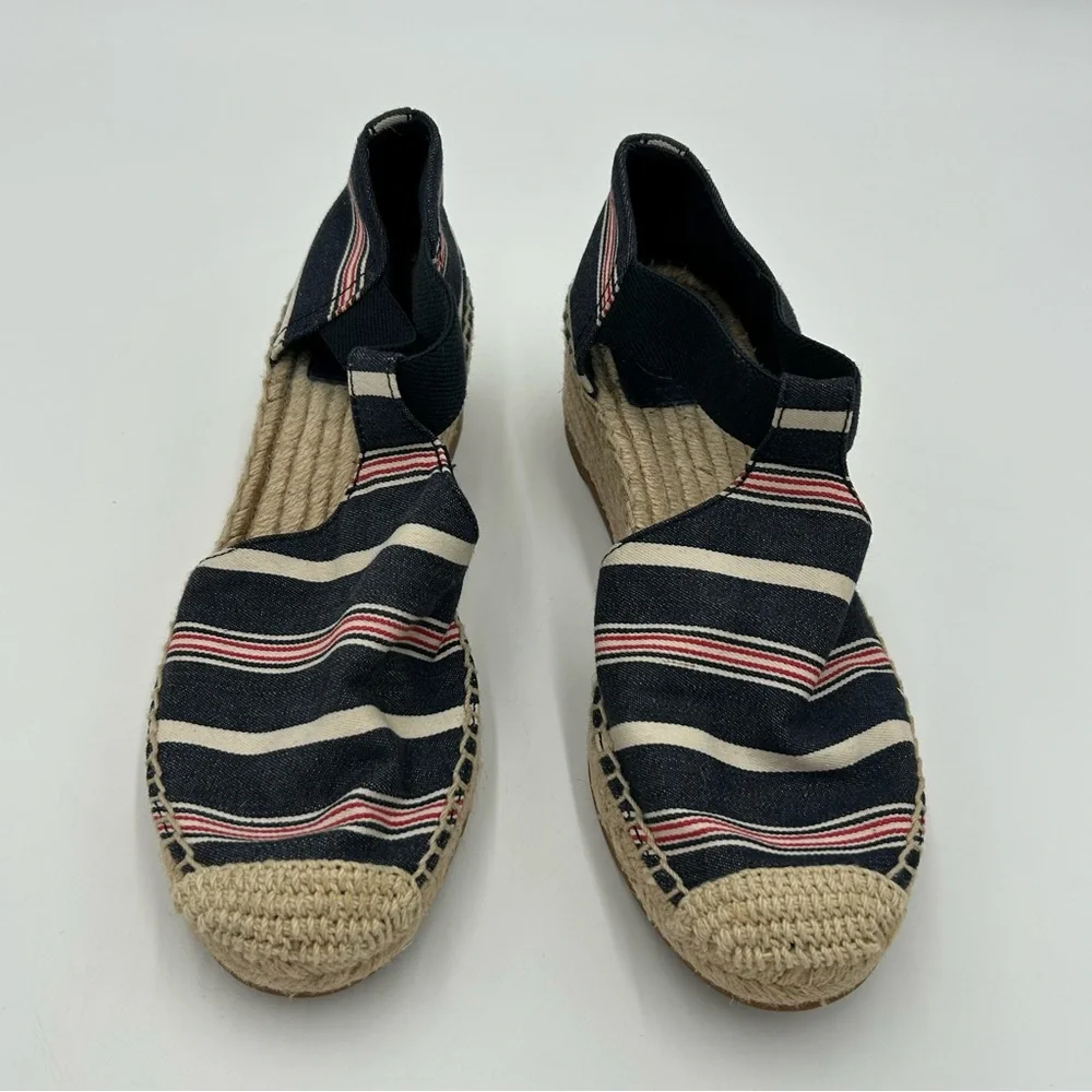 Tory Burch Catalina Espadrille Wedge Preppy Chic Striped Canvas Sandals Navy 7M